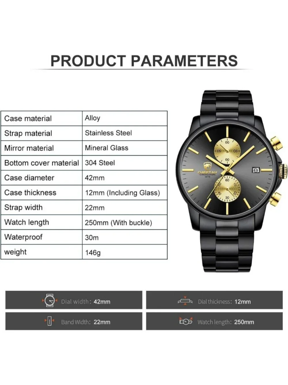 Men's Black And Gold Face Stainless Steel Waterproof Chronograph Quartz Watch